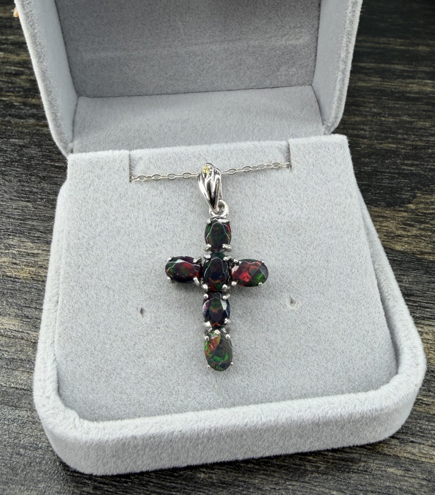 Stunning Natural Rainbow Black Opal Cross 3CT Pendant Necklace 925 Sterling