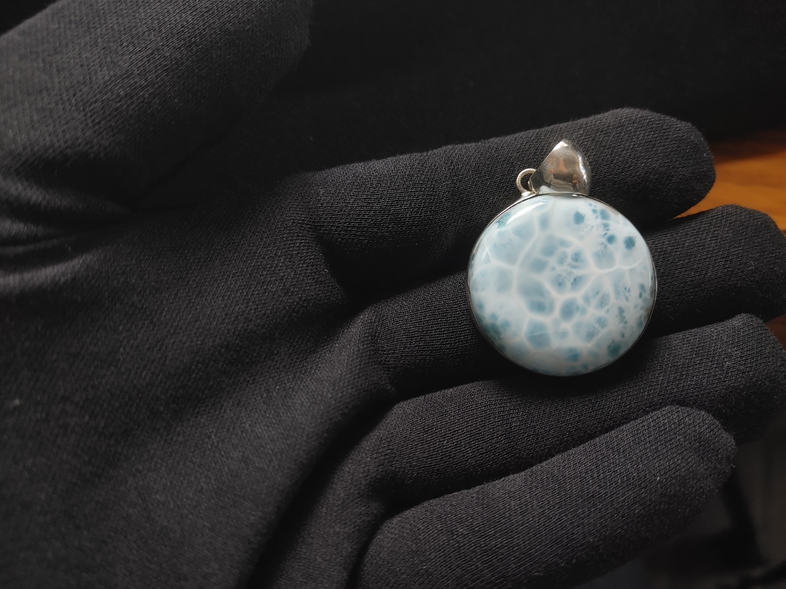 Larimar Circle Pendant- Sterling Silver Setting 23.6 grams