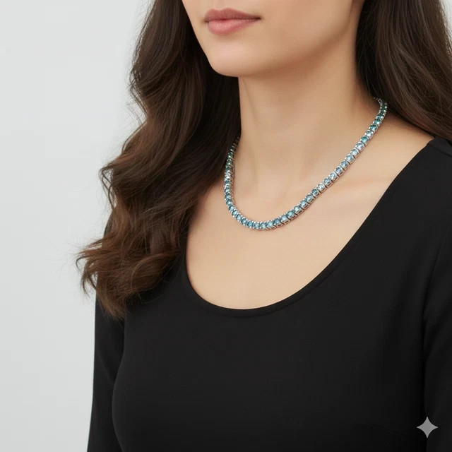 49 Ct 5mm Diamond Ice Blue Diamond Necklace, 20 Inches 14k White Gold Plated