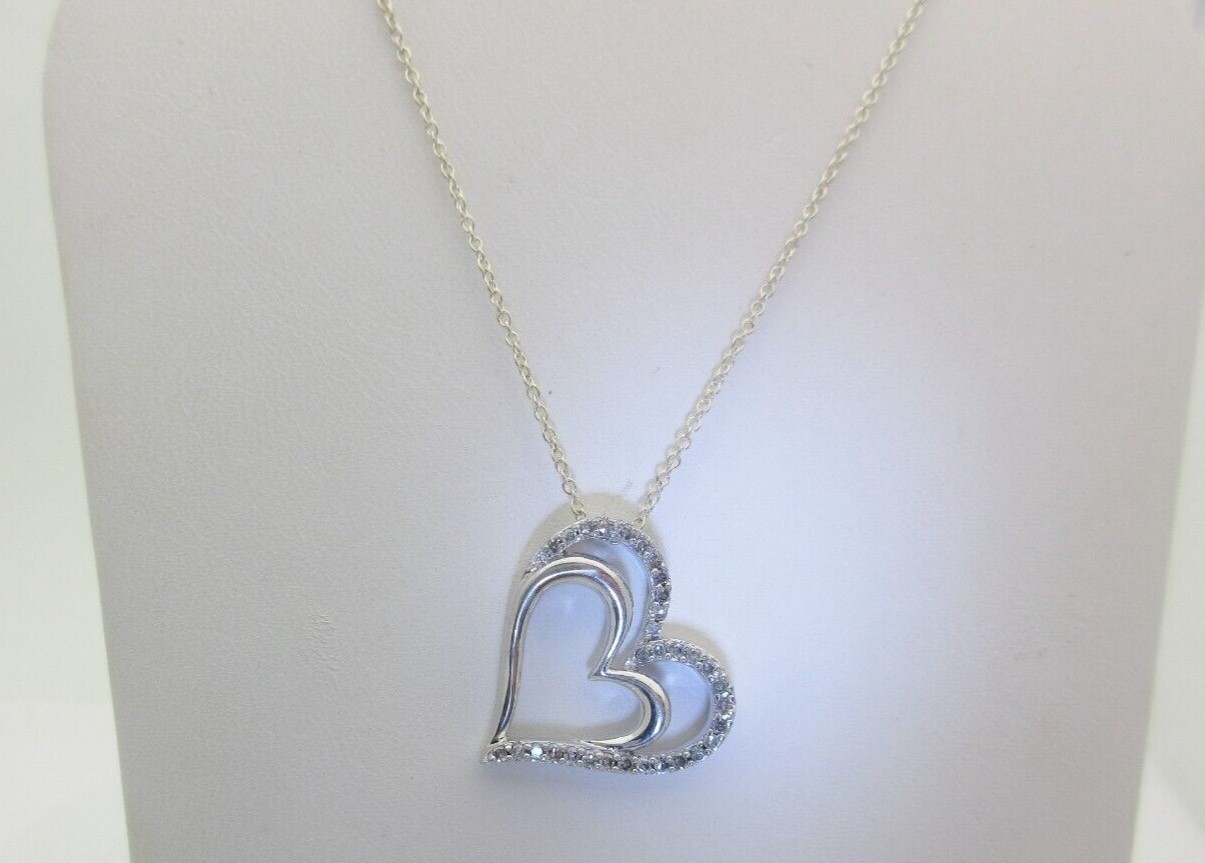 Natural Diamond Necklace Heart Women Double Sterling Silver Gift 19″ .32ct SN007
