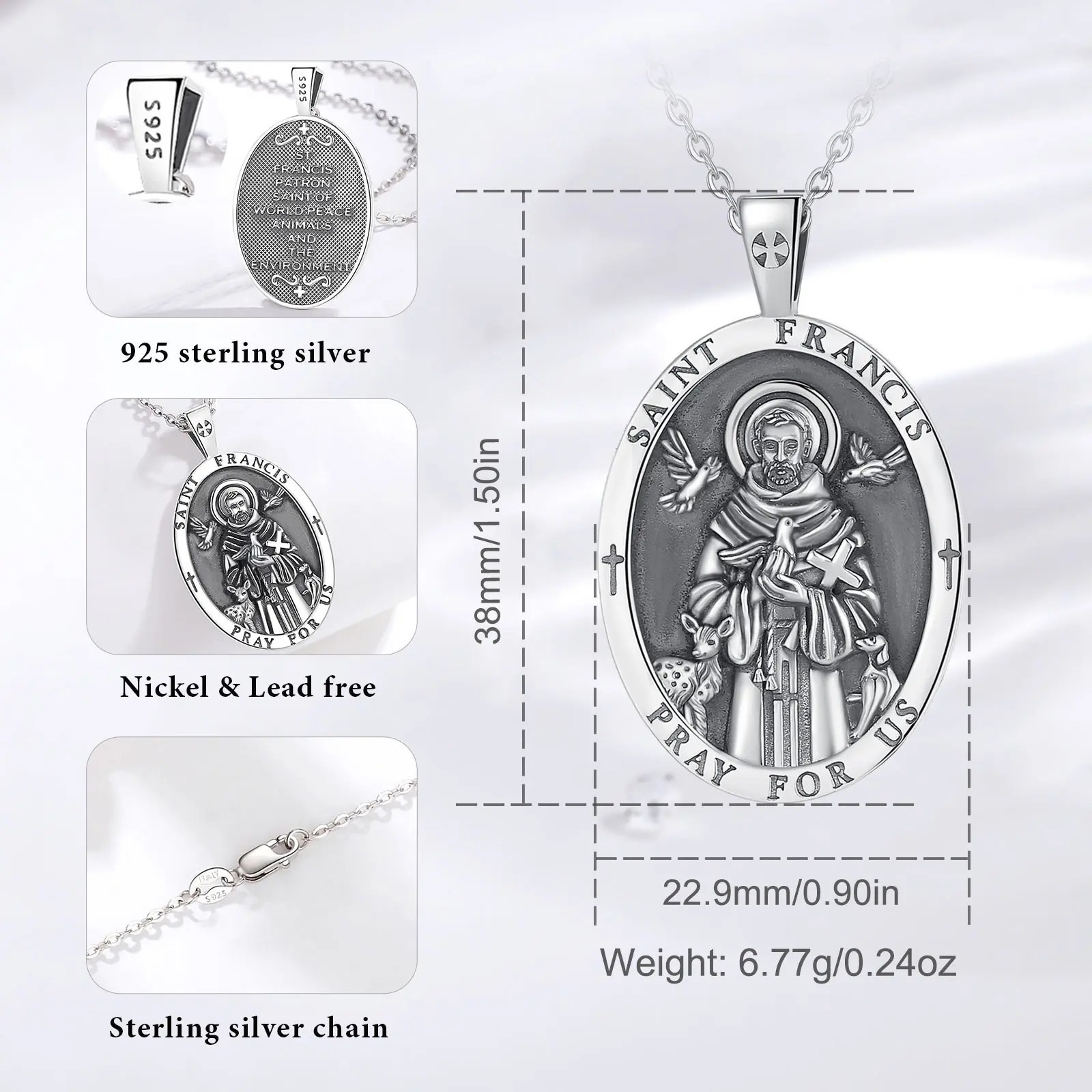 925 Sterling Silver Two-Sided Saint Francis Necklace