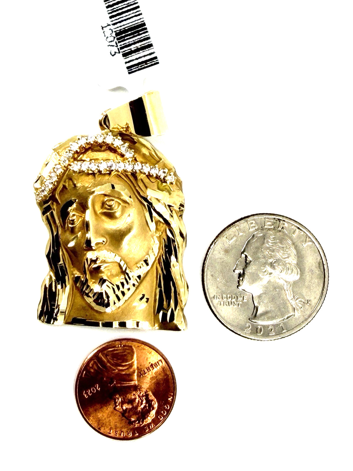 14K Solid Yellow Gold Jesus Face Piece Crown of Thorns CZ Pendant Italy