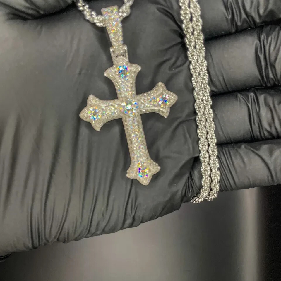 3Ct Round Cut Real Moissanite Cross Pendant 14K White Gold plated