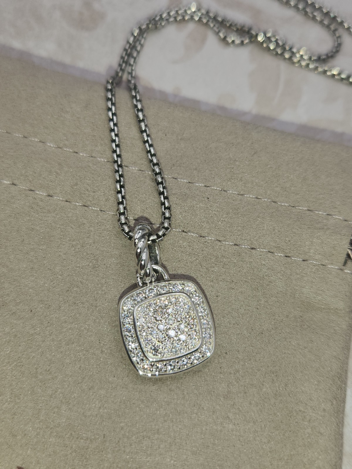 David Yurman 925 Sterling Silver Pavé Diamond Square albion 14mm Necklace 20″