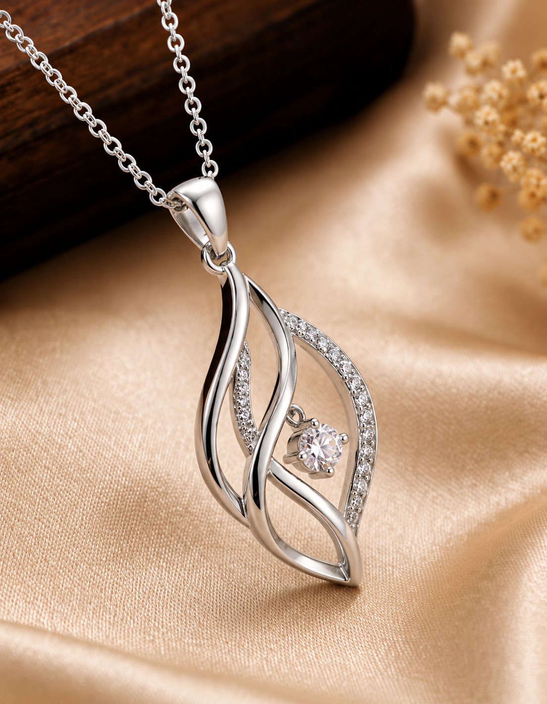 925 Sterling Silver Leaf Twist Pendant Necklace CZ Dangle Charm Women Gift