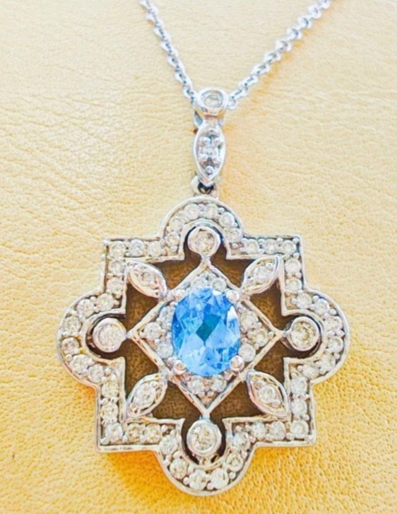 14K White Gold .75 Ct Blue Topaz Diamond Pendant Necklace 4.62g 18″ Vintage Bold