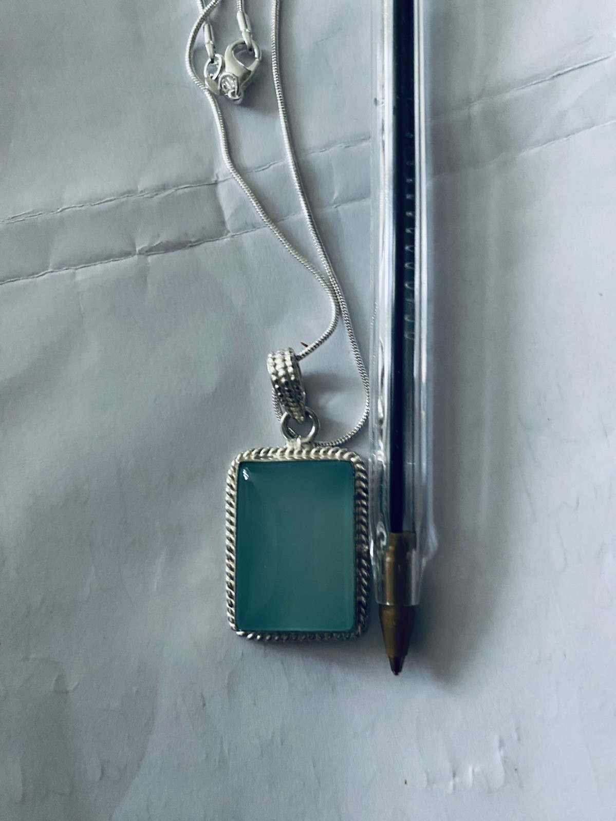 Vintage big Aqua Chalcedony Pendant 925 Silver 20”chain.4×2.5cm UK Seller VGC