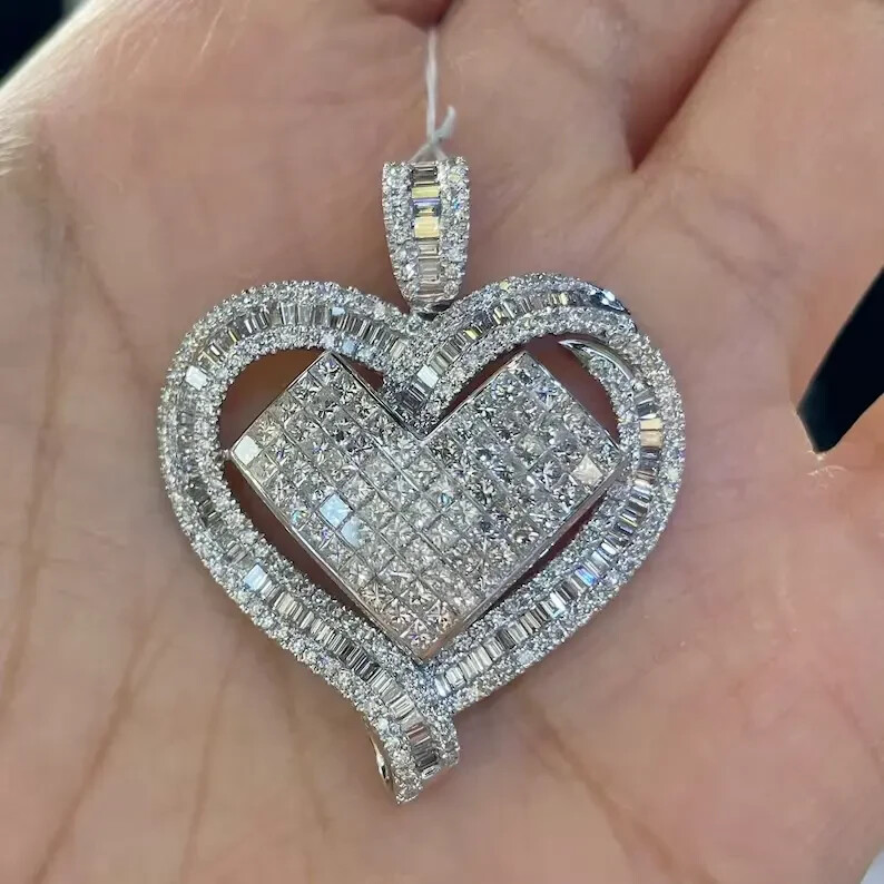 3Ct Round Cut Real Moissanite Heart Pendant 14K White Gold Plated Free Chain