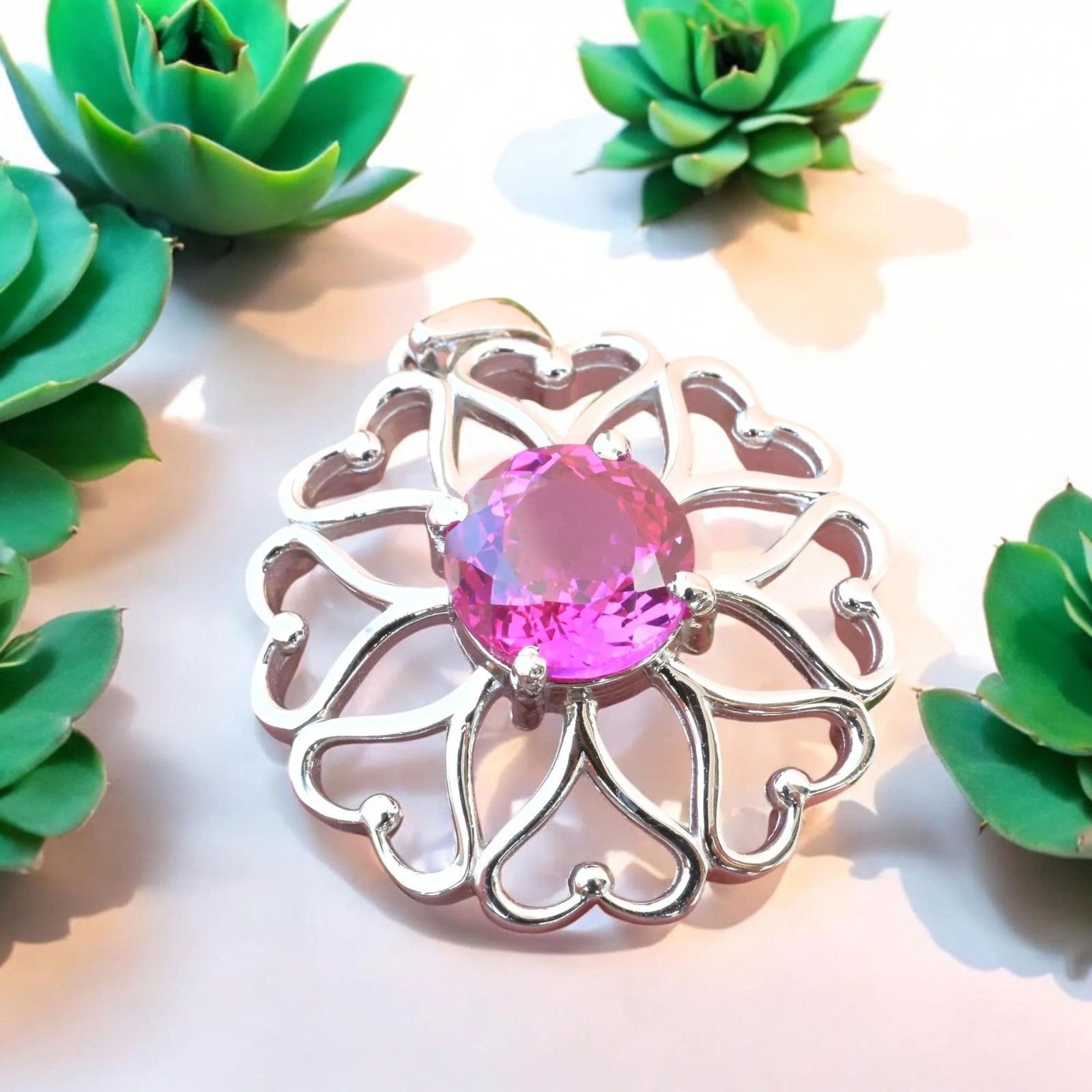 Certified Pink Sapphire 32 Ct Flower Shape Pendant 925 Sterling Silver MG002
