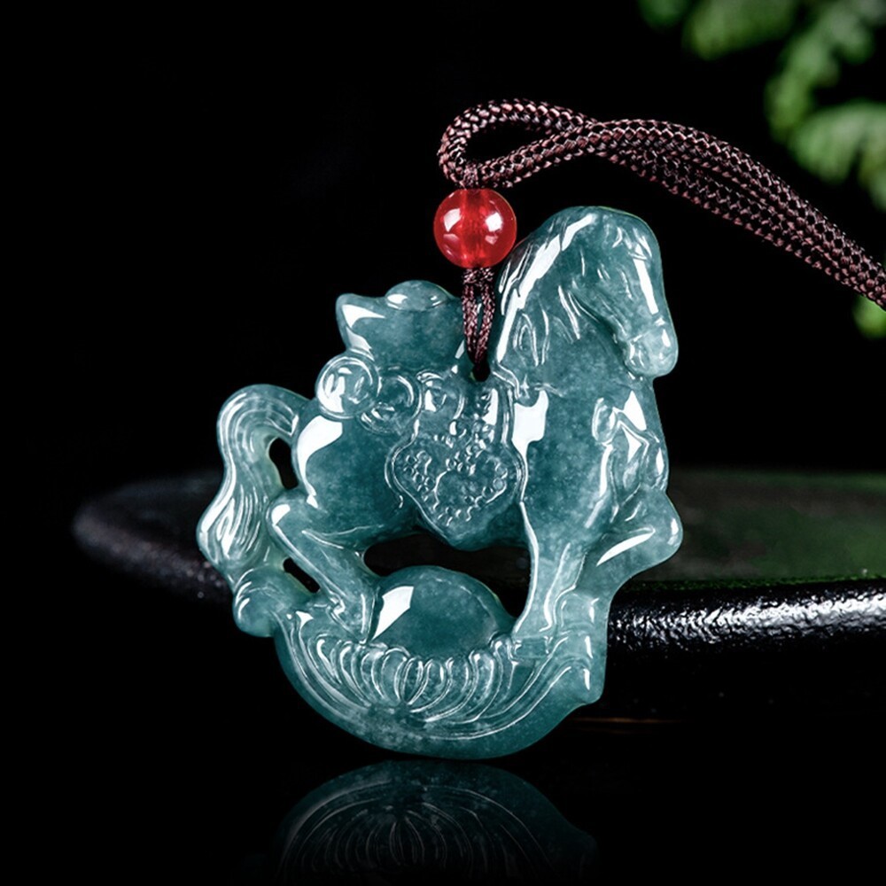 Grade A Natural Green Jade jadeite Zodiac Horse Lucky Pendant Necklace Certified
