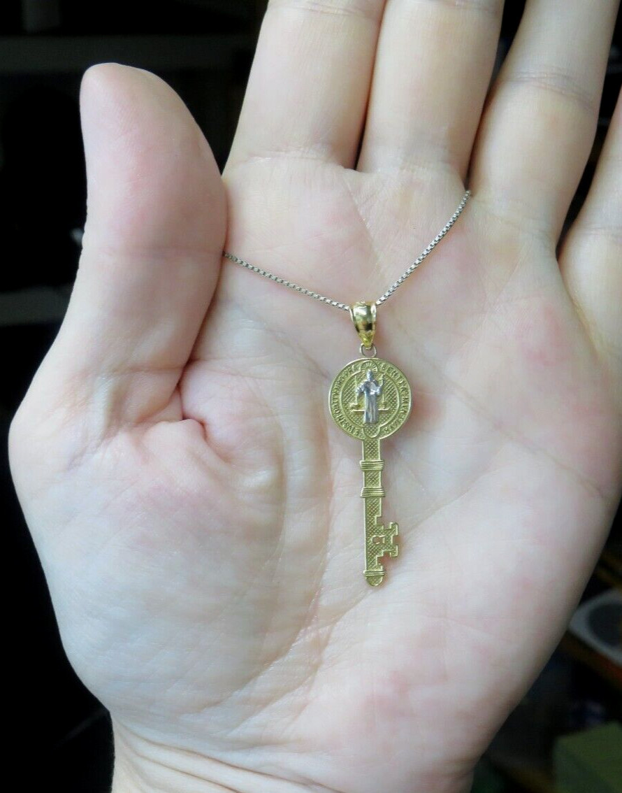 St BENEDICT 14K Yellow & White Gold Religious Key Pendant Charm