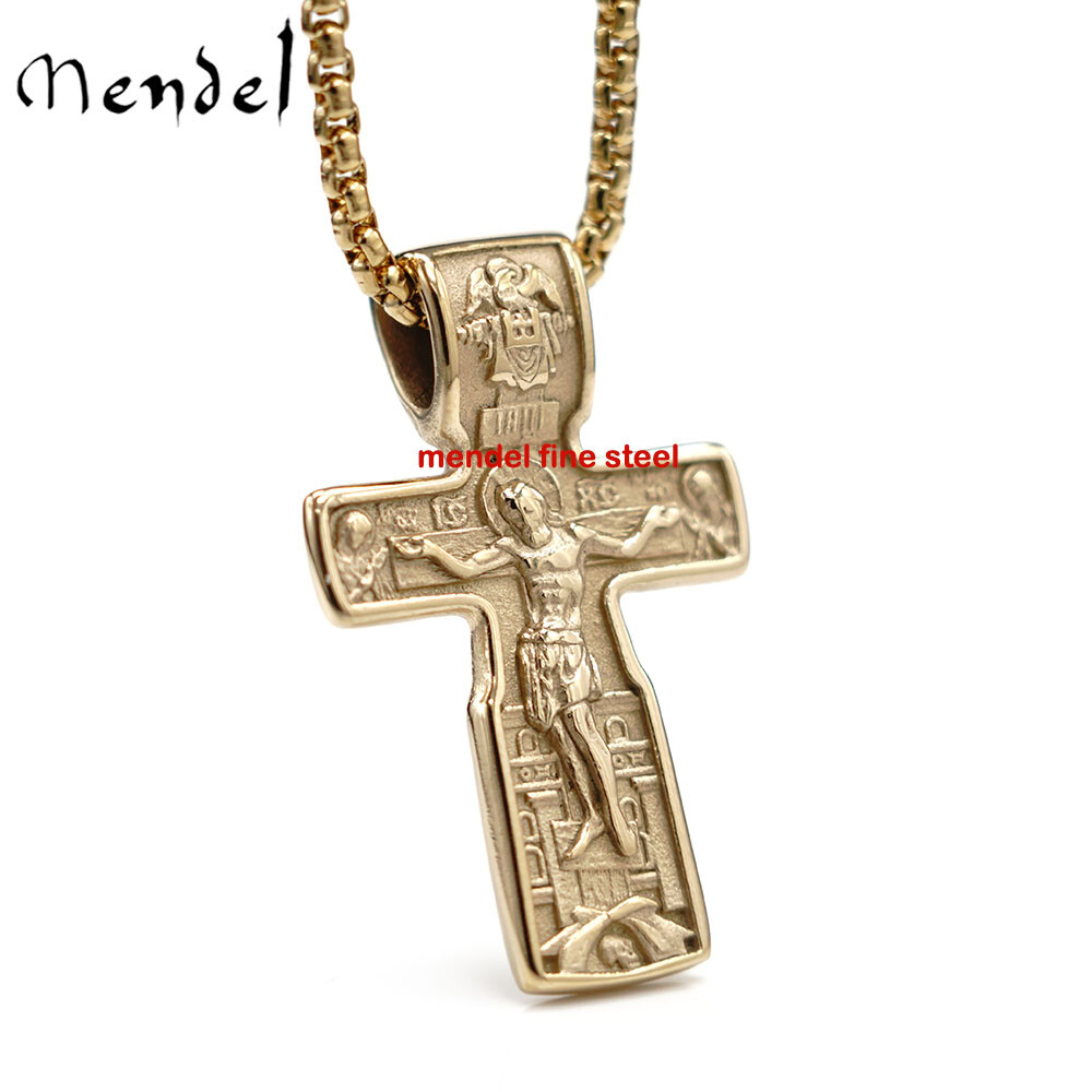 MENDEL Gold Russian Orthodox St Saint Benedict Crucifix Cross Pendant Necklace