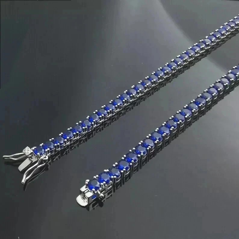 15 Ct Round Cut Lab-Created Blue Sapphire Tennis Necklace 14K White Gold Plated