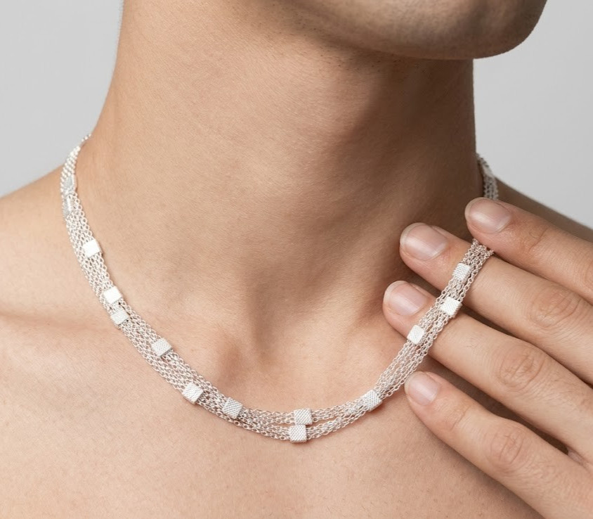 925 Sterling Silver Multi Strand Chain Necklace Cube Beads Layered Link Jewelry