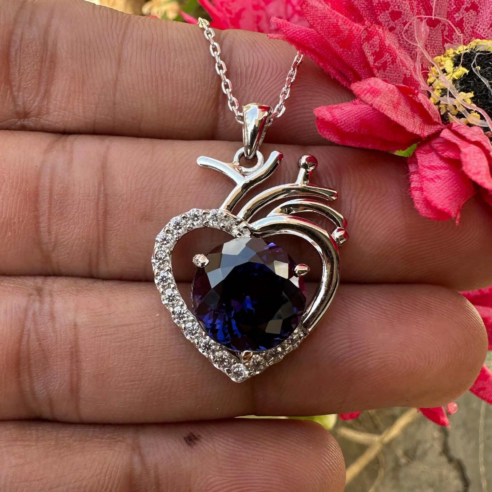 Certified Purple Sapphire 29 Ct Heart Pendant Necklace 925 Sterling Silver