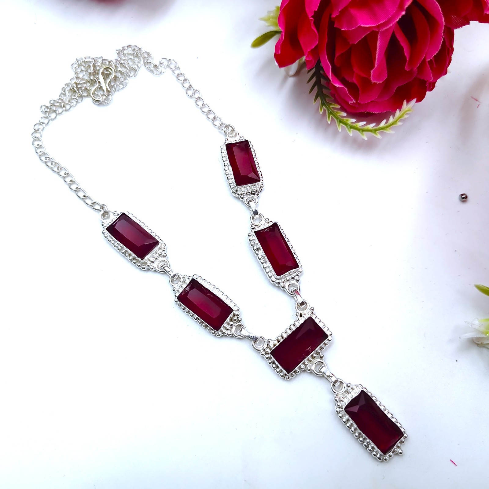 Red Garnet Gemstone Handmade 925 Sterling Silver Jewelry Necklace Size-17-18″