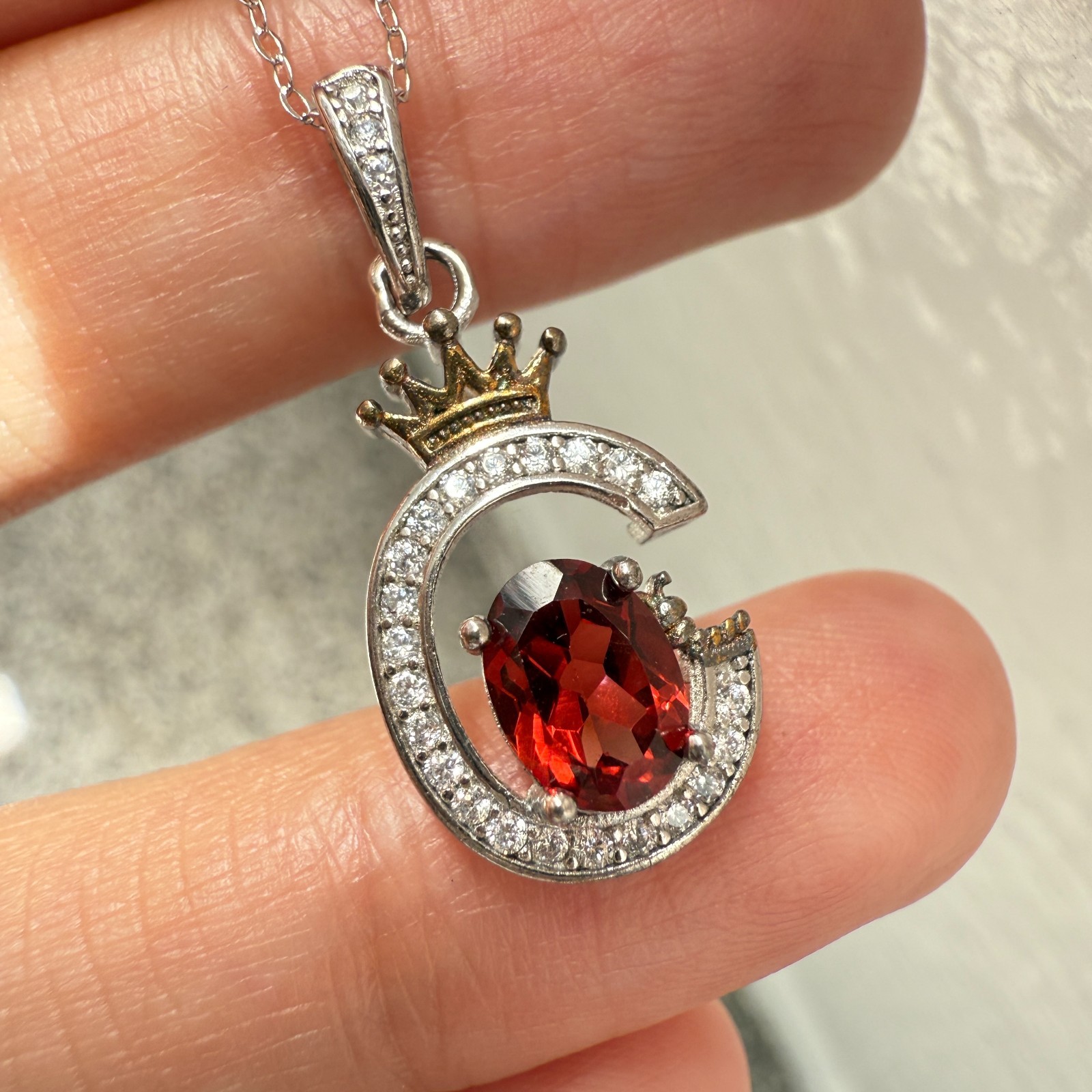 925 Sterling Silver Necklace 7x5mm Natural Garnet Zircon Crown Handmade Chain