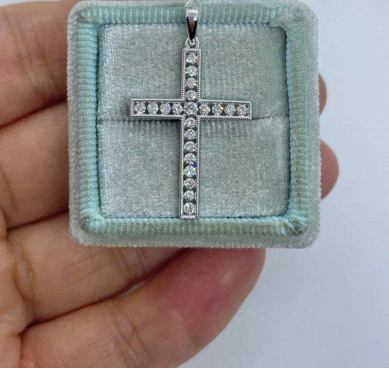 0.48Ct Round Cut Real Moissanite Cross Religious Pendant 14K White Gold Plated