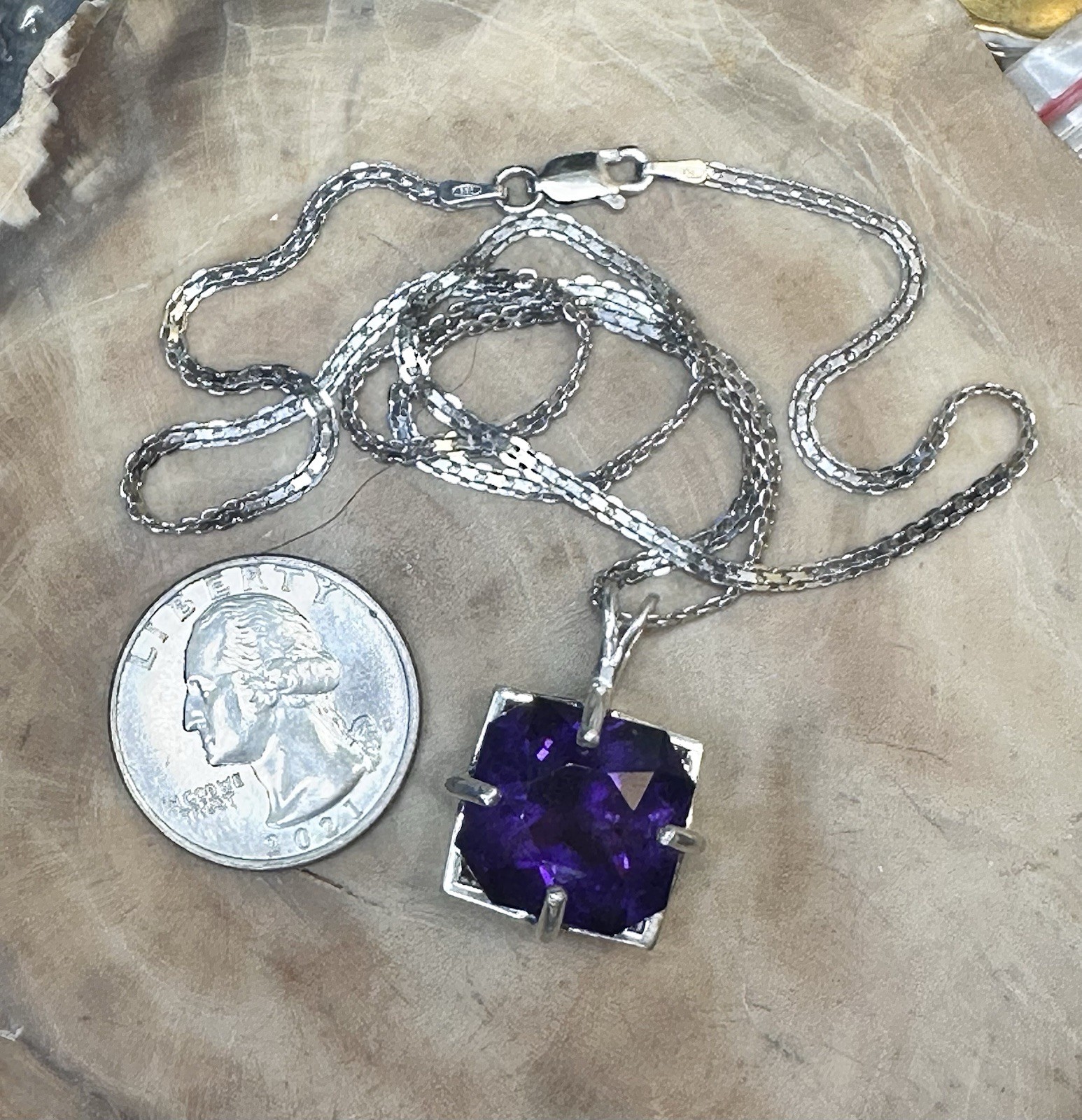 Natural Fancy Cut Zambian Amethyst 14.30 Ct 925 Sterling Silver Necklace 20 In