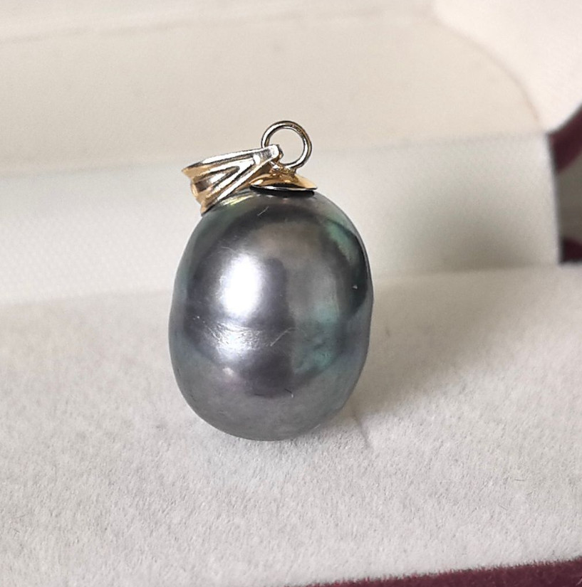 New AAA+ 12-16mm natural Black Tahitian Baroque Pearl Pendant 14k yellow gold