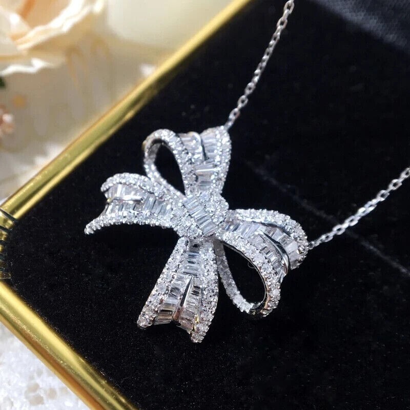 Beautiful 3Ct Baguette Lab-Created Diamond 14k White Gold Plated Bow Pendant 18″