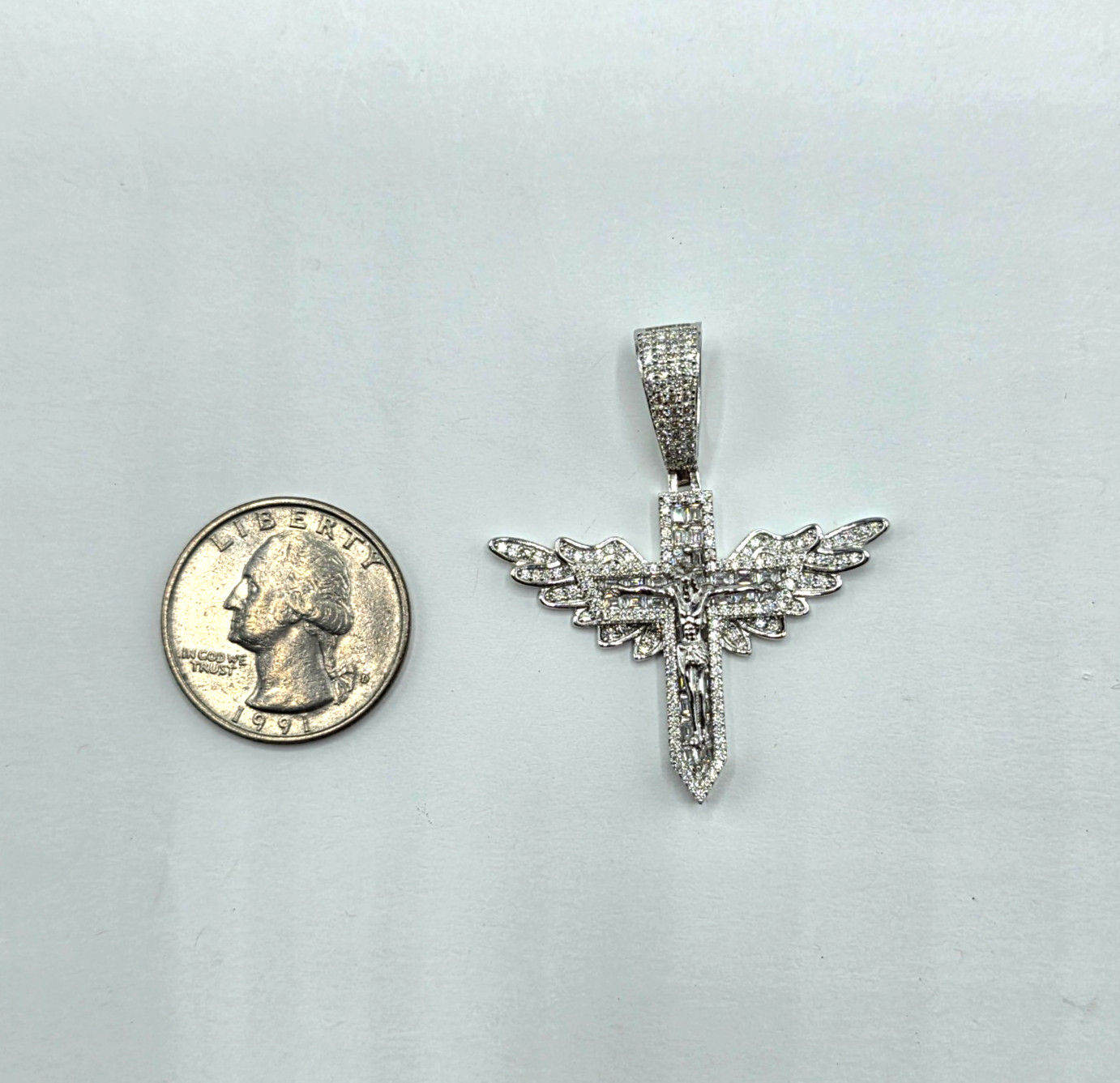 Moissanite Jesus Crucifix Cross Angel Wings Pendant 925 Sterling Silver Lrg Bail