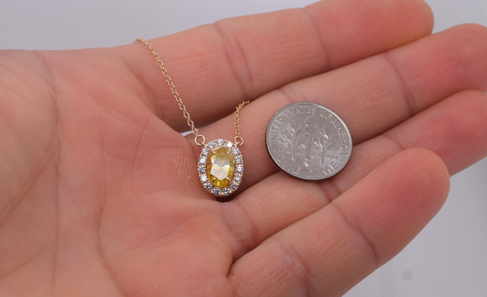 1.50ctw Double Halo Oval Fancy Yellow Diamond Necklace 14K Solid Yellow Gold
