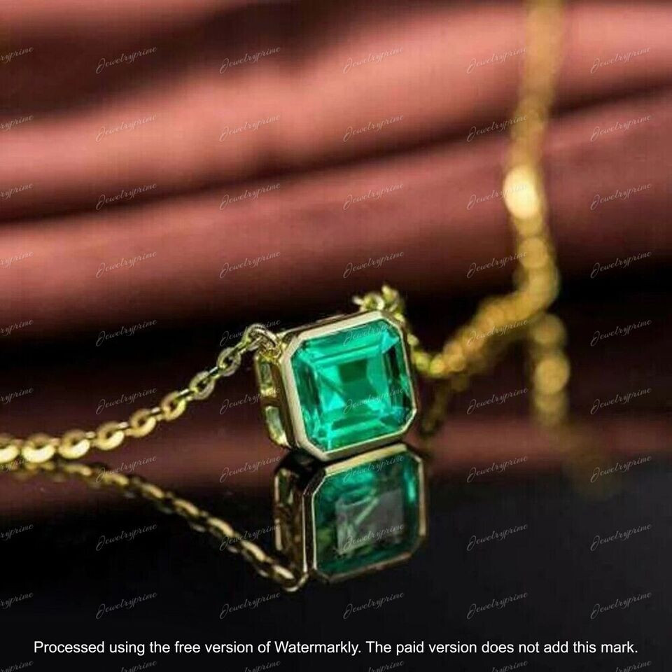 Asscher Cut 2Ct Lab Created Green Emerald Pendant Necklace 14K Yellow Gold Over