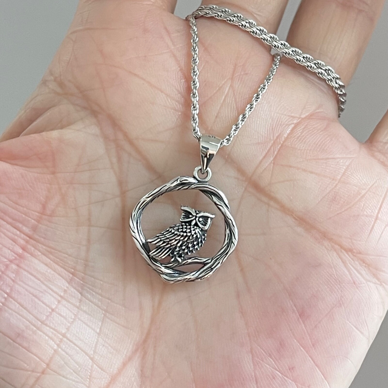 Sterling Silver Owl on Branch Necklace, Bird Chain, Owls, Animals, Spirit Birds