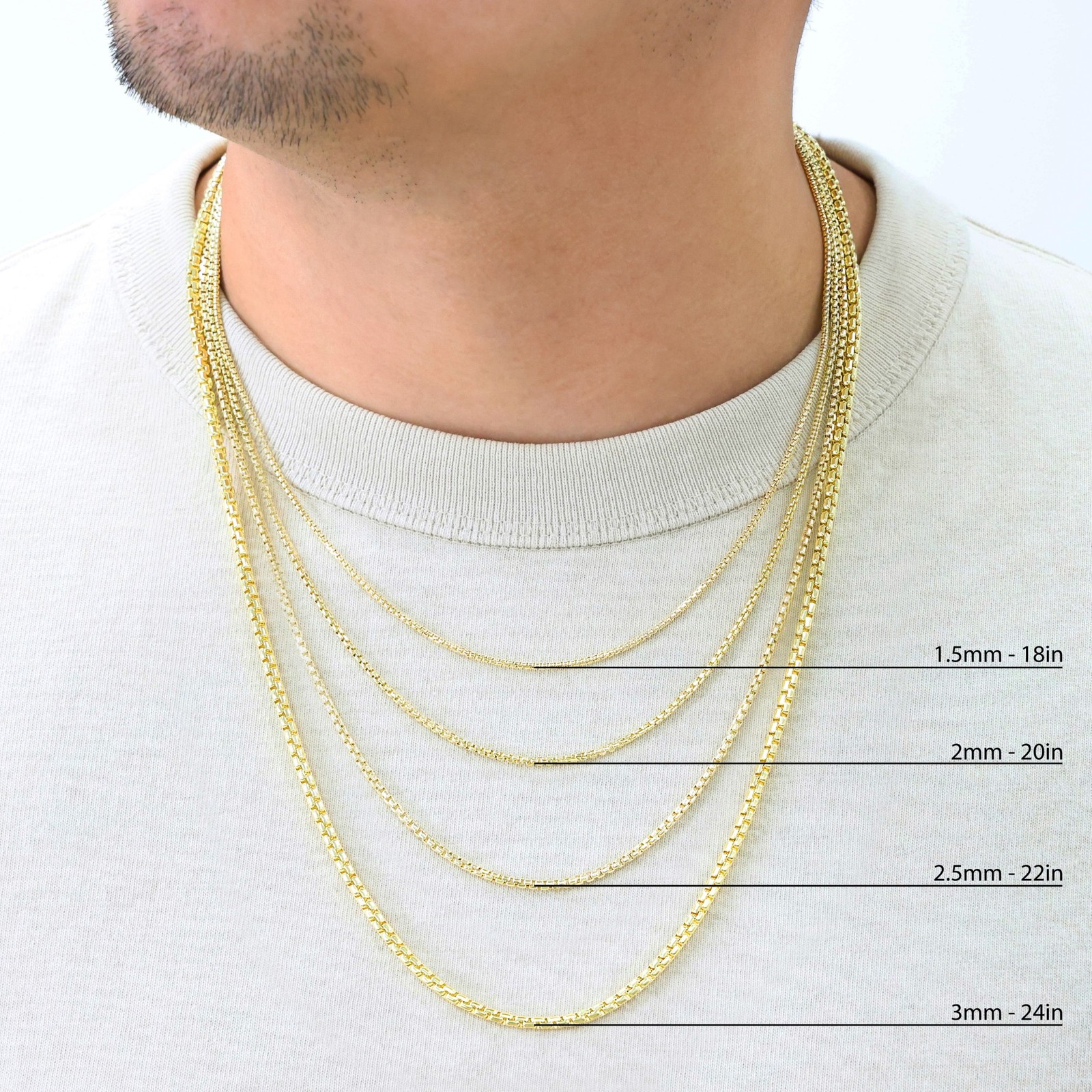 14K Yellow Gold 1.5mm-3.5mm Venetian Round Box Chain Necklace Men Women 16″- 30″