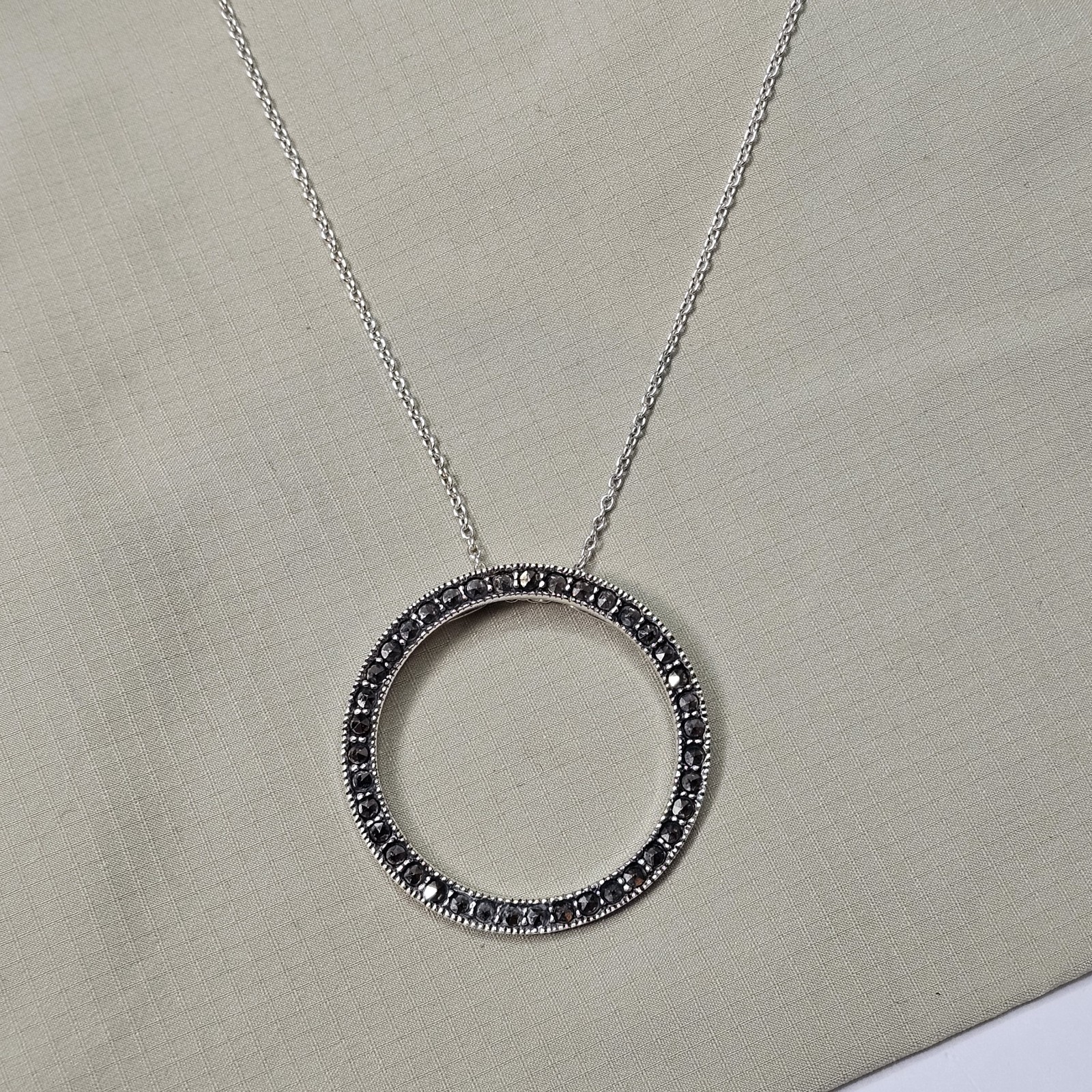925 Sterling Silver Marcasite Circle Pendant Slide Necklace – 4.5g
