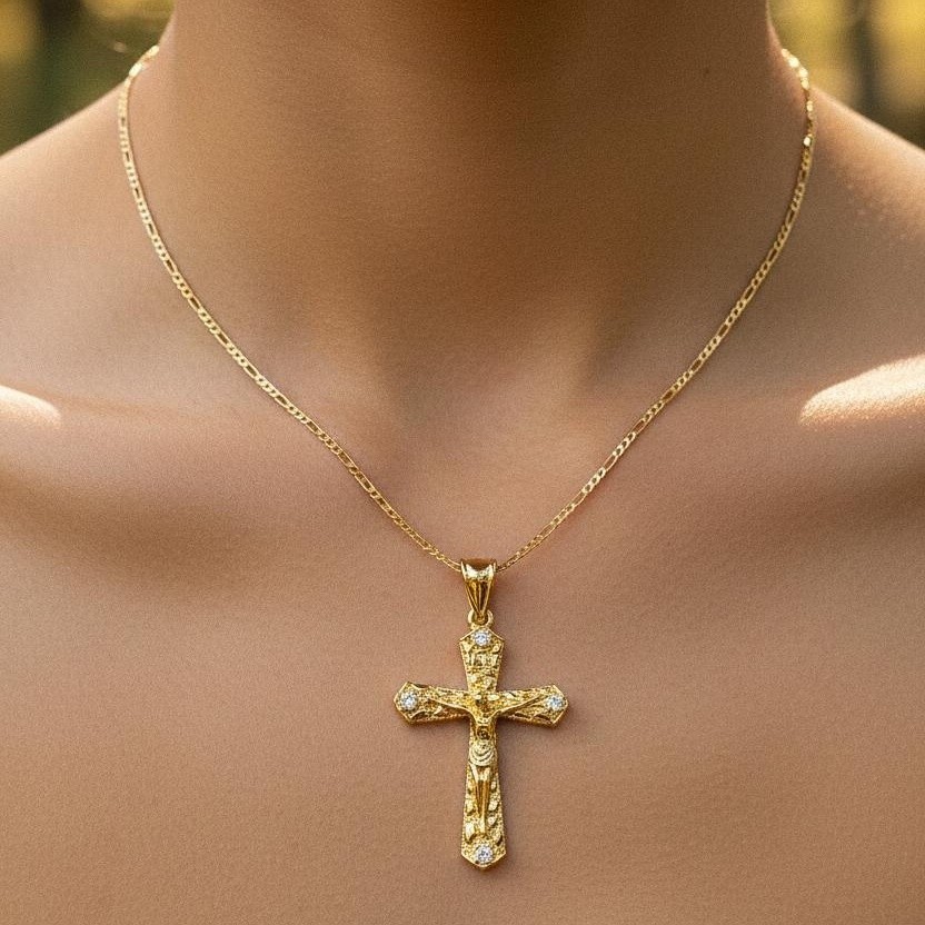 Italian 1/200 14k Yellow Gold Jesus Cross Crucifix Iced CZ Nugget Pendant