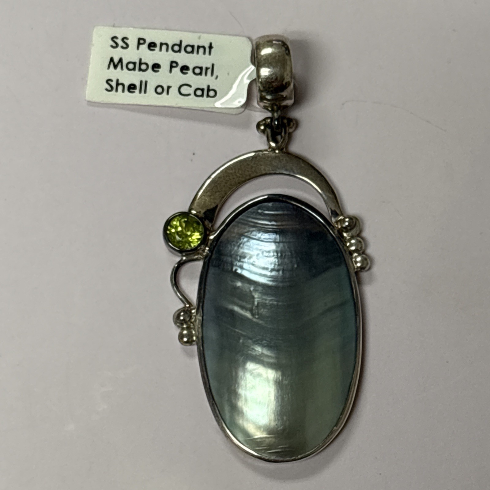 925 Sterling Silver Mabe Pearl & Peridot Pendant ~ 2.25” ~ 8.5 grams ~ READ DESC