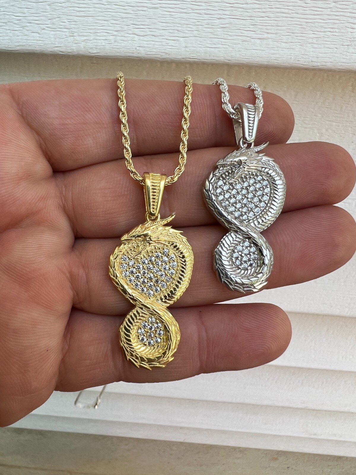 Real 925 Silver / 14k Gold Plated Dragon Infinite Flame Pendant Necklace Iced CZ