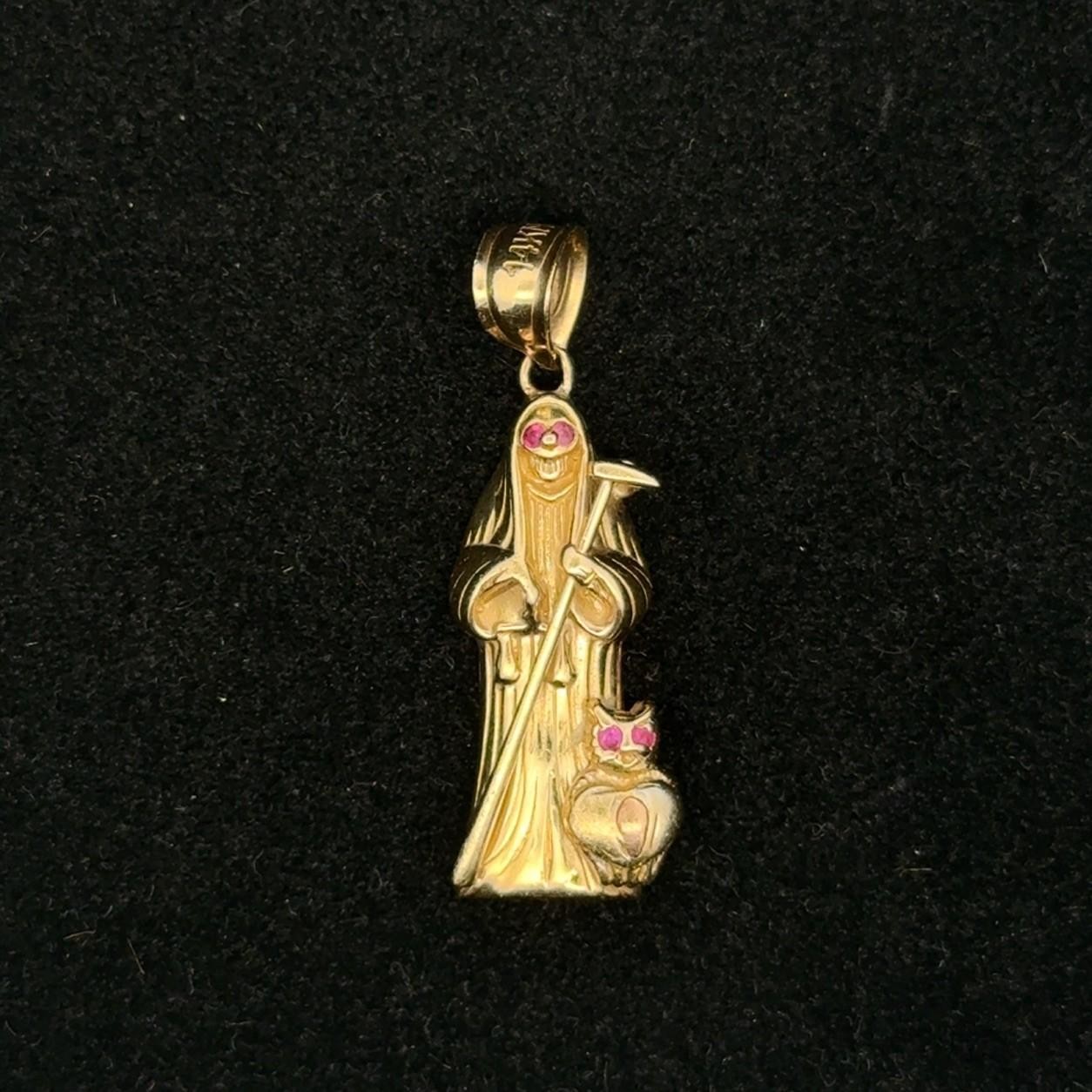 14K Yellow Gold Santa Muerte Grim Reaper Angel of Death Pendant Charm, 3.23g