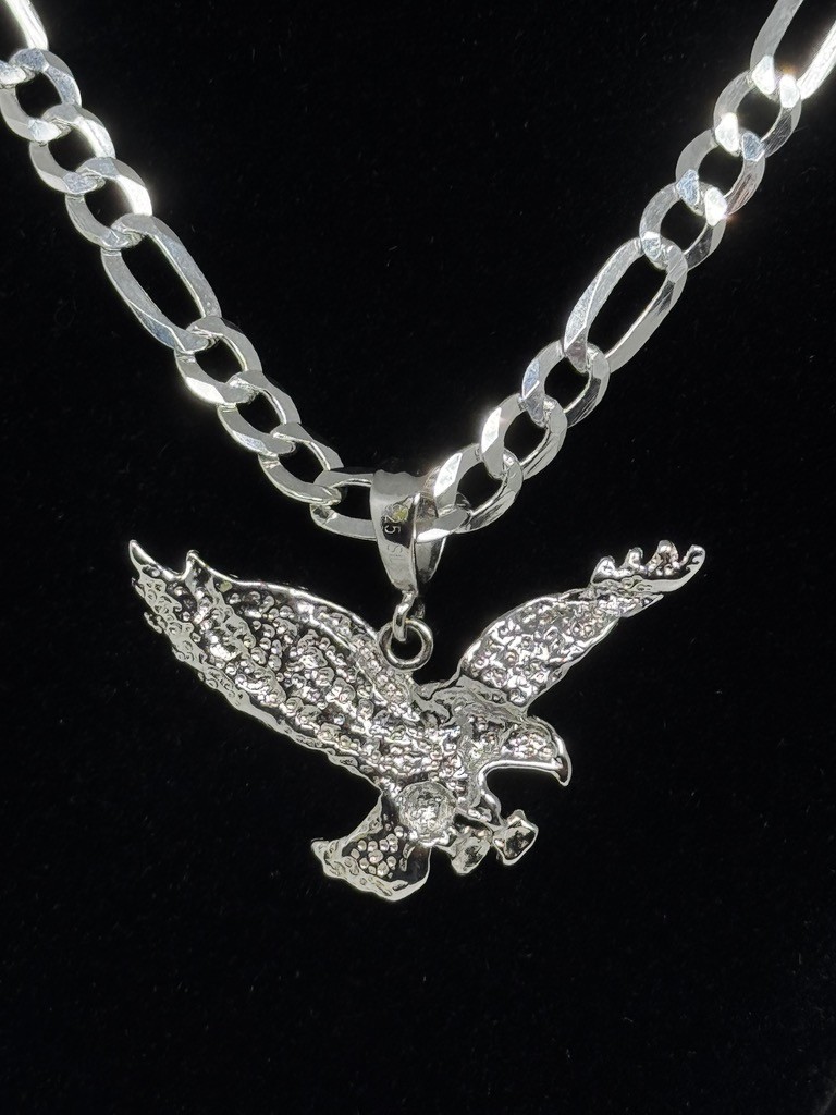 925 Sterling Silver Eagle Pendant Necklace 24 Inch Figaro Chain 22 Grams