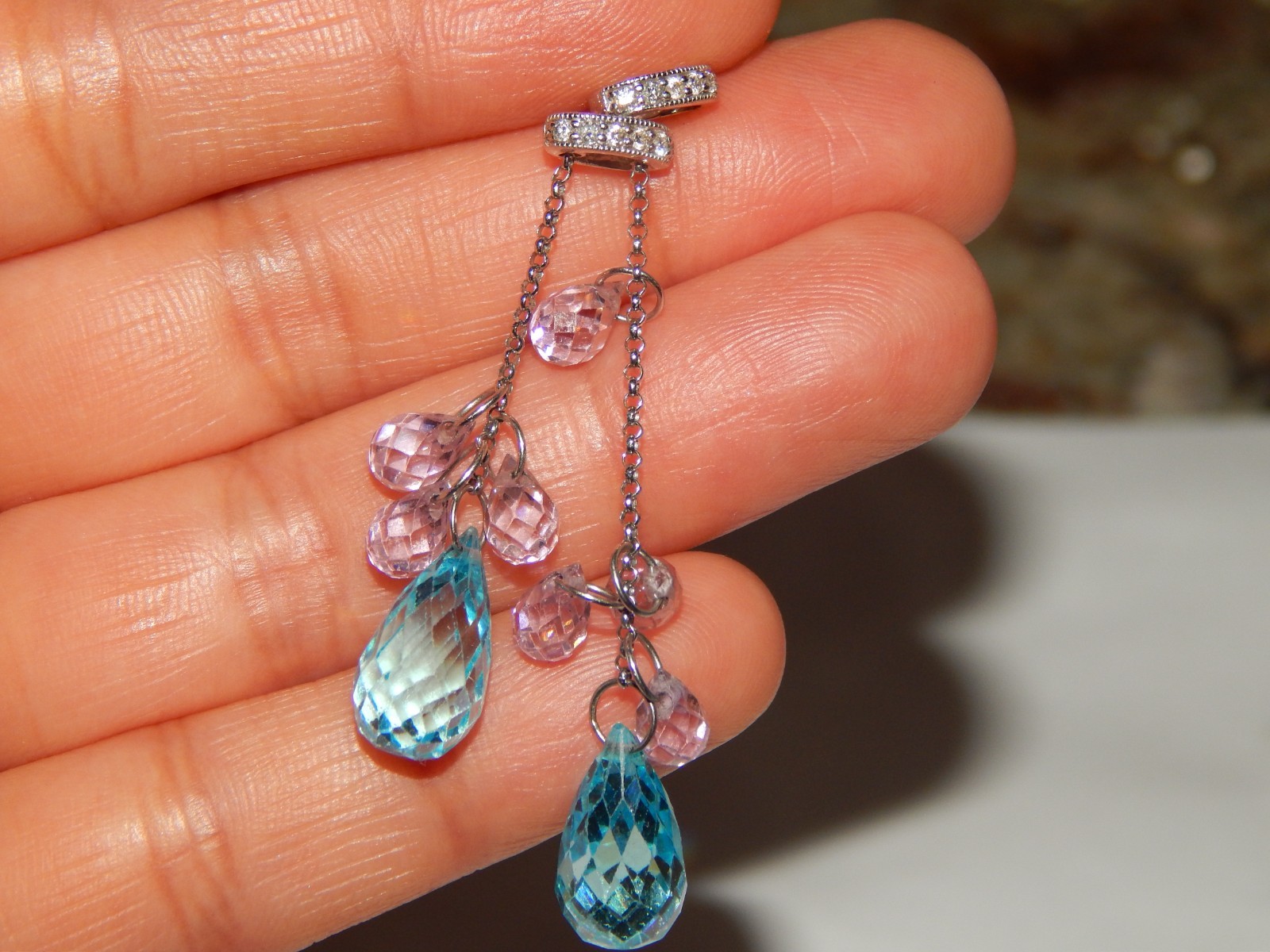 14K WHITE GOLD DIAMOND & BLUE PINK TOPAZ 2 INCH DANGLE PENDANT