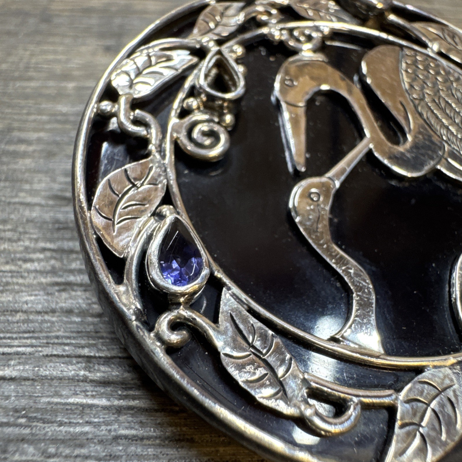 Vtg Colleen Lopez, Brooch Pendant Pin Sterling Silver 4 Gemstones Enamel Herons