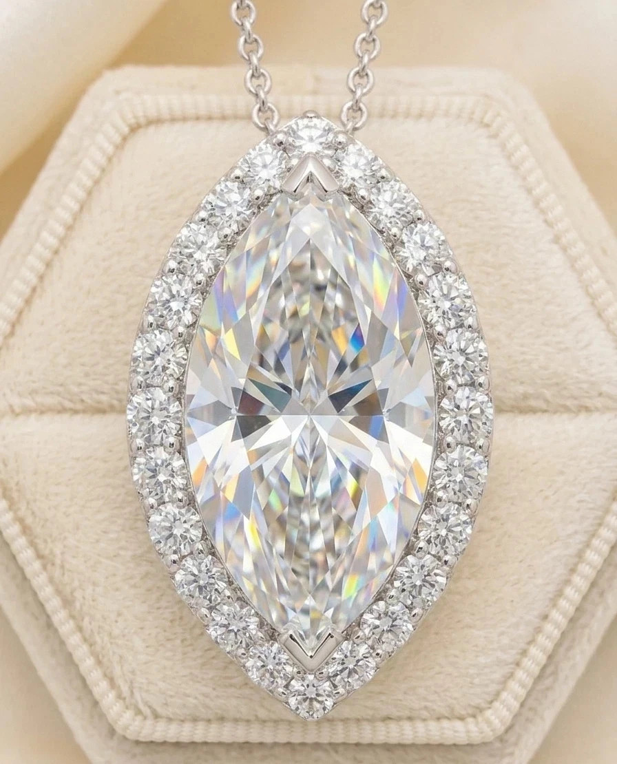 7CT Marquise Cut GRA Certified Moissanite Halo Pendant 14k White Gold Plated
