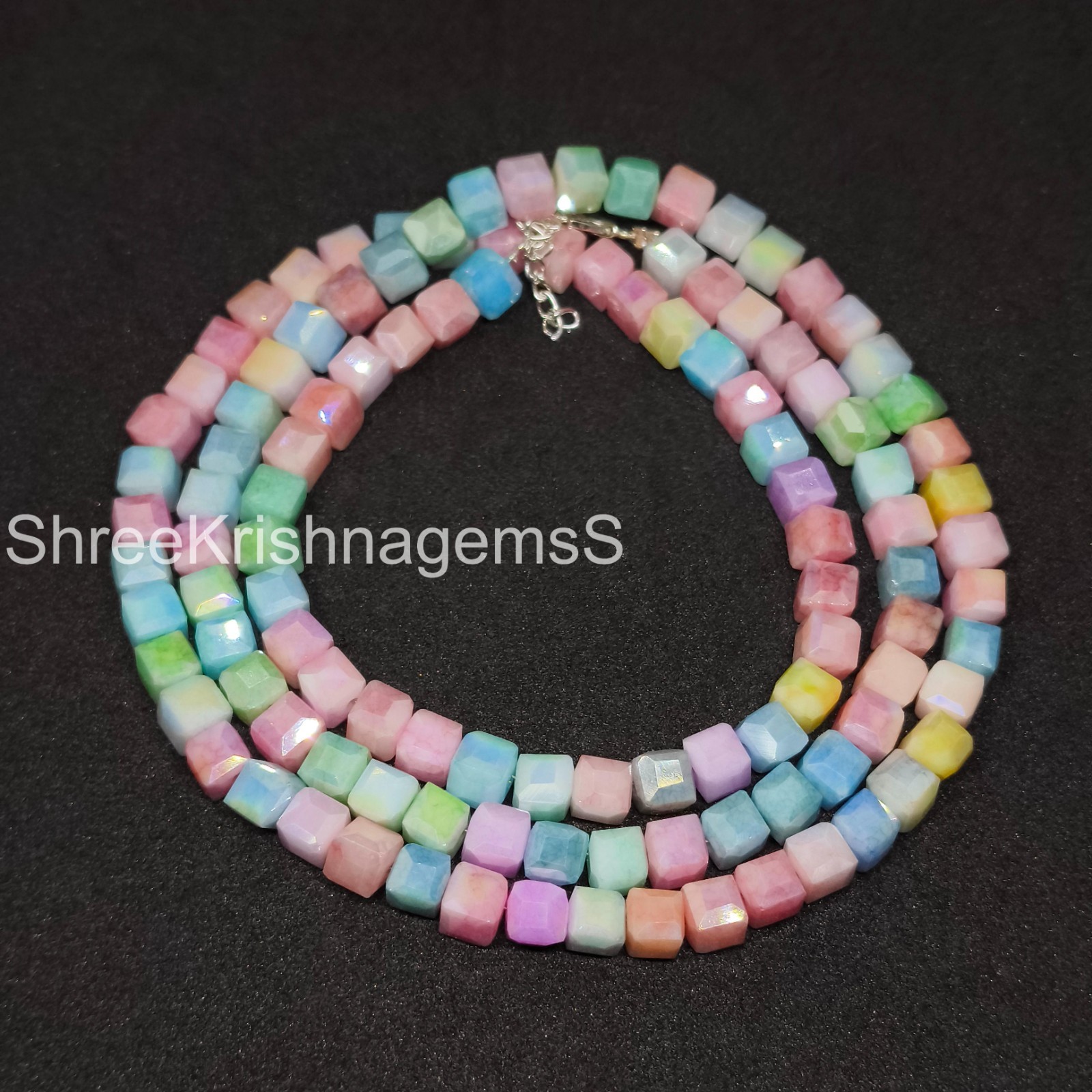 Rainbow Opal Square Necklace Faceted Cube Bead Choker Dainty Colorful Gemstone