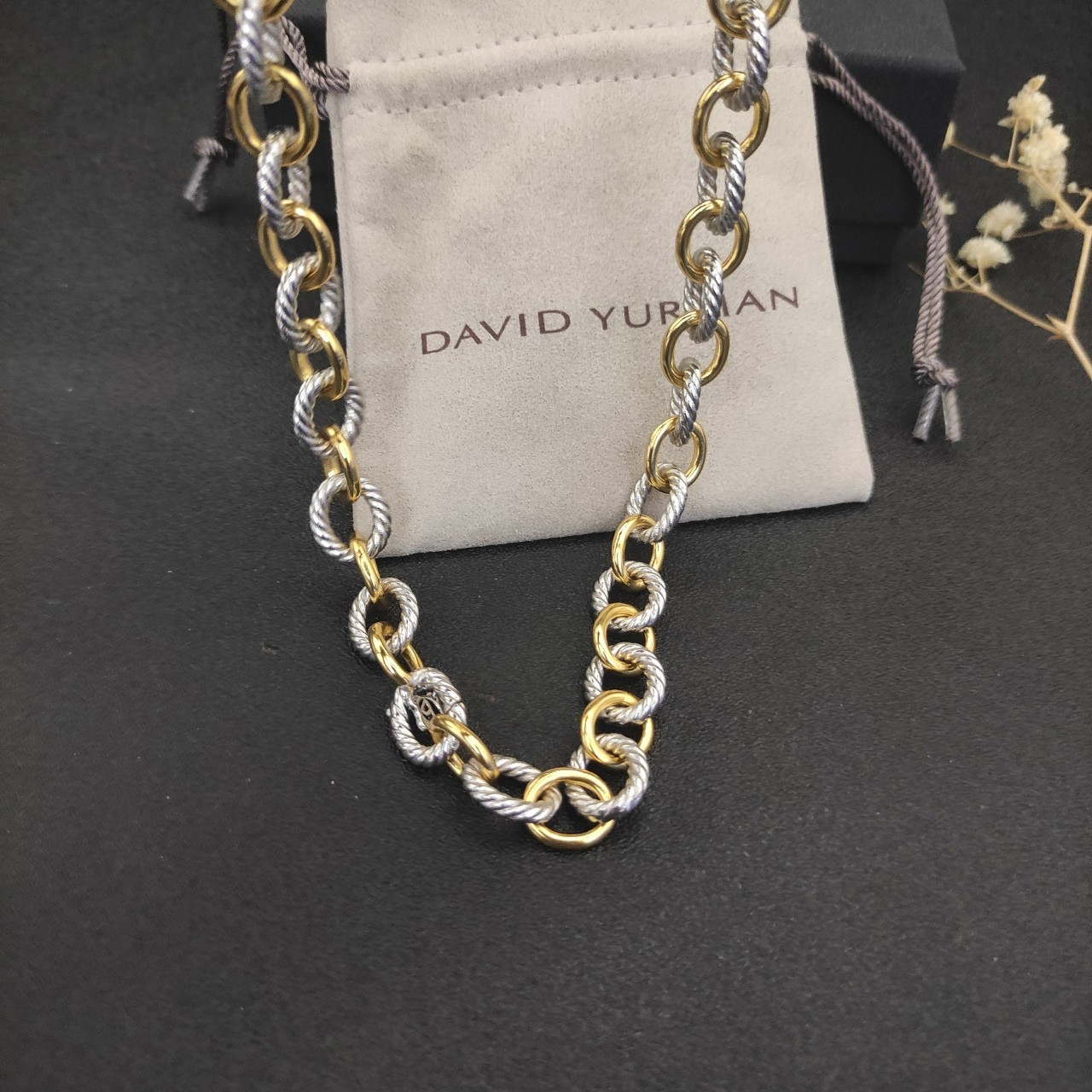 David Yurman Oval Link Chain Necklace Sterling Silver with 18K Yellow Gold 17.3″