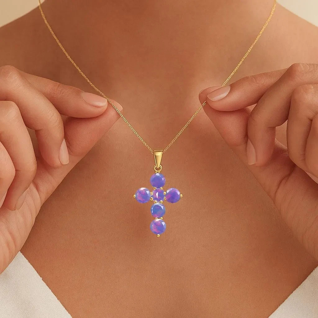 Natural Lavender Opal Gemstone Gold Cross Pendant, Ethiopian Opal Chain Pendant