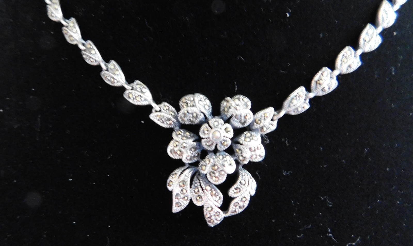16 inch Silver Marcasite Necklace with Flowers and Leaves