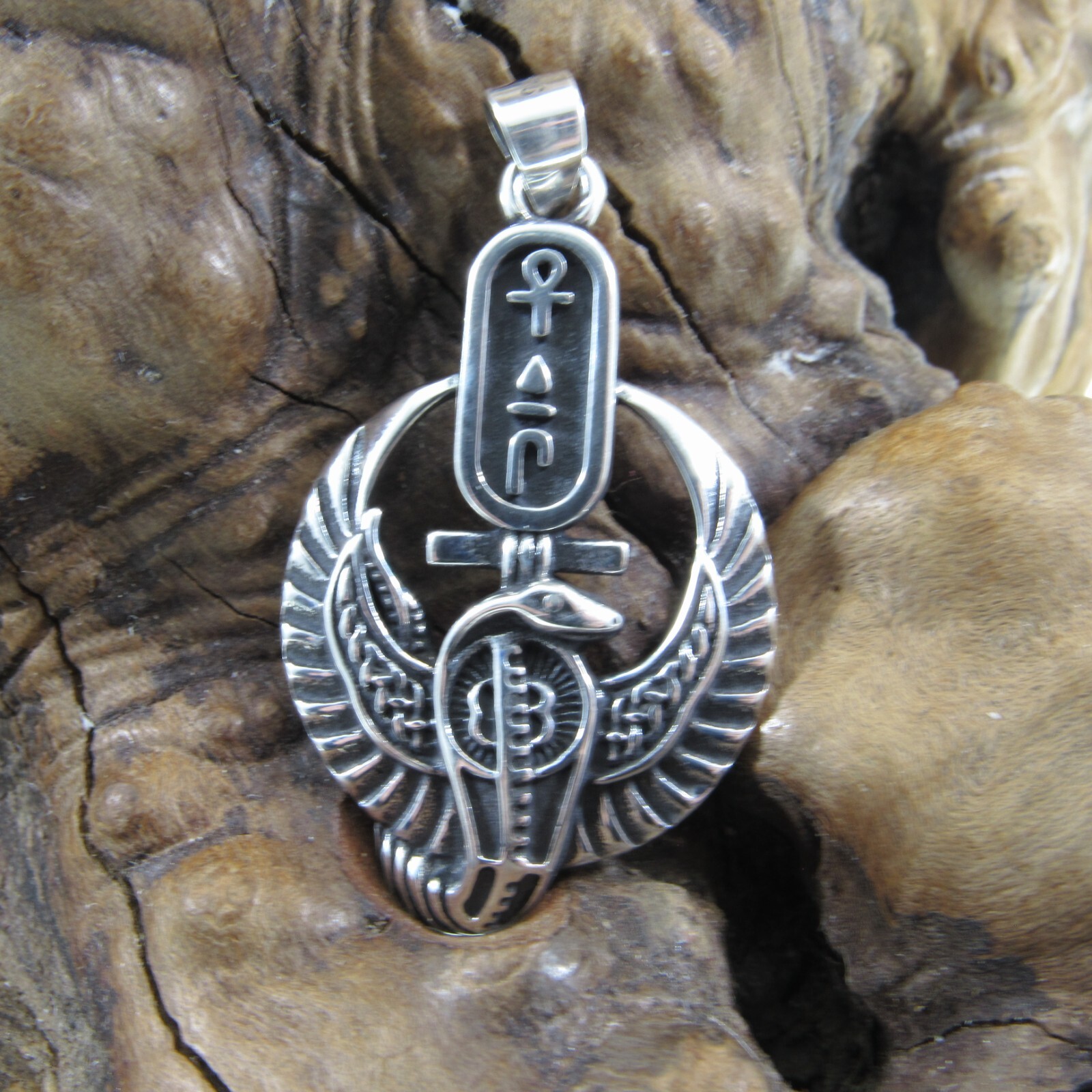 Solid 925 Sterling Silver Egyptian Wadjet Pendant, Falcon & Cobra Goddess Amulet