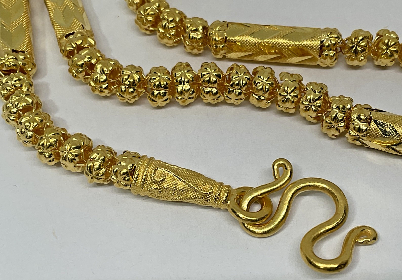 Thai 23K Solid Yellow Gold Bead Bamboo Link Necklace 30.5 Grams Tested 24″ long