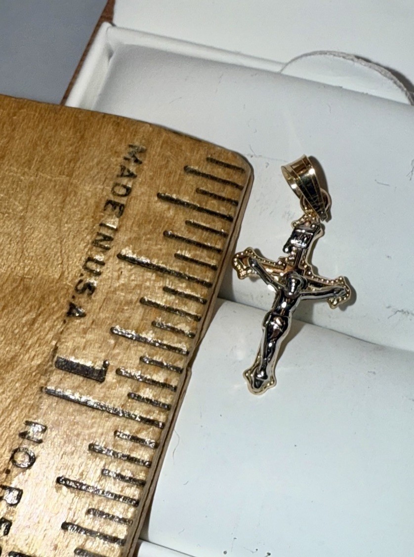 ESTATE Solid 14K Gold Two-Tone Crucifix Cross Miniature Pendant