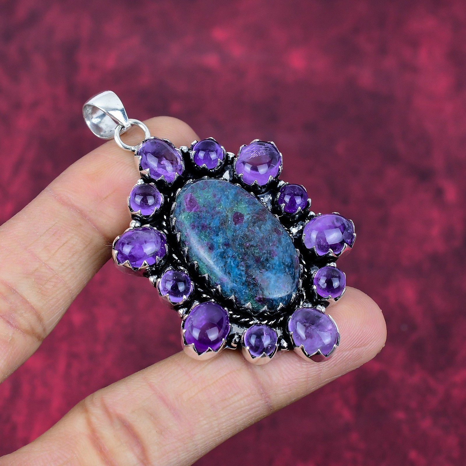 Ruby In Kyanite & Amethyst Gemstones Handmade 925 Sterling Silver Pendant