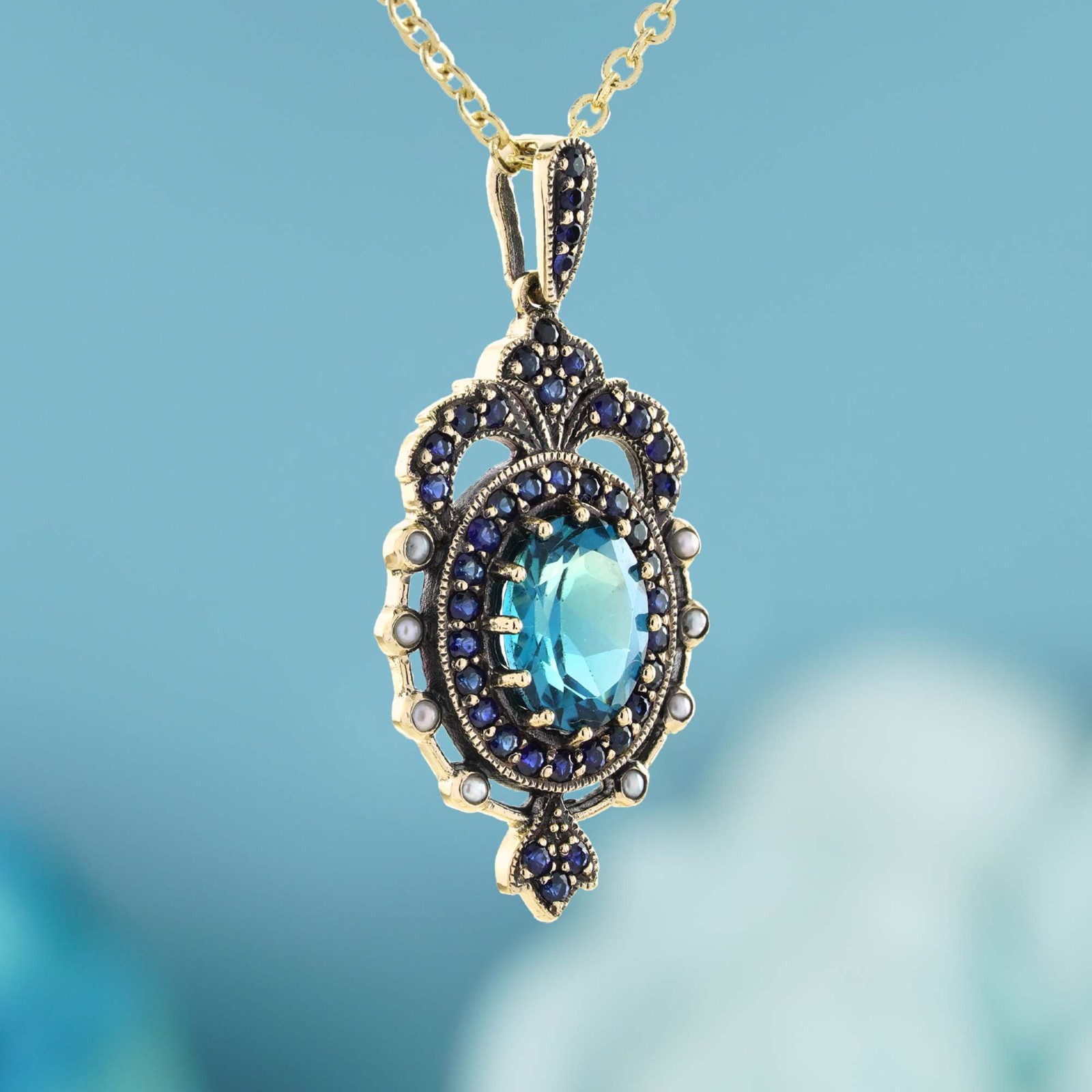 9K Gold Blue Topaz Sapphire Pearl Crown Pendant Vintage Style Pendant Necklace