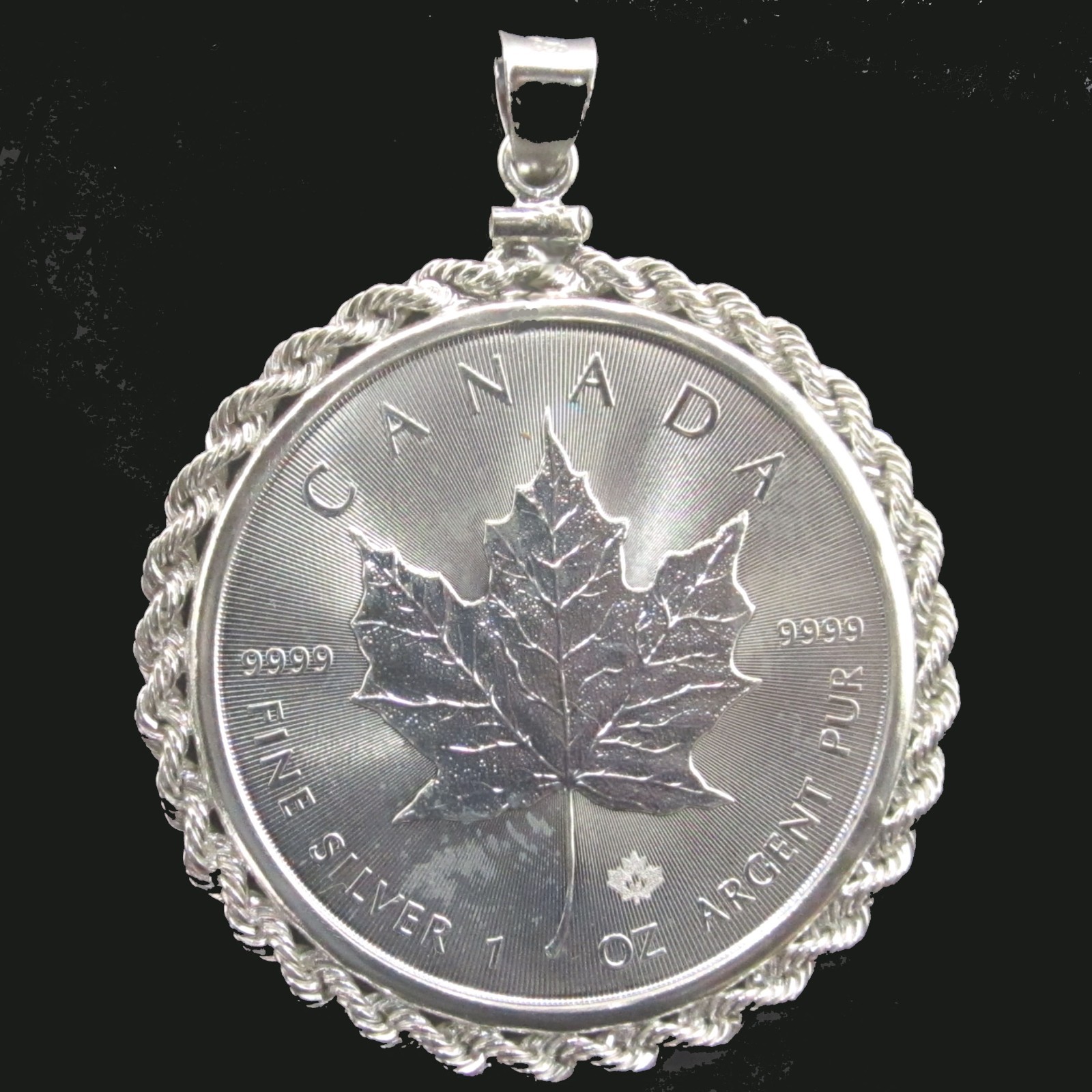 Coin Pendant 2016 1 oz. Fine Silver Canada Maple Leaf Sterling Silver Rope Bezel