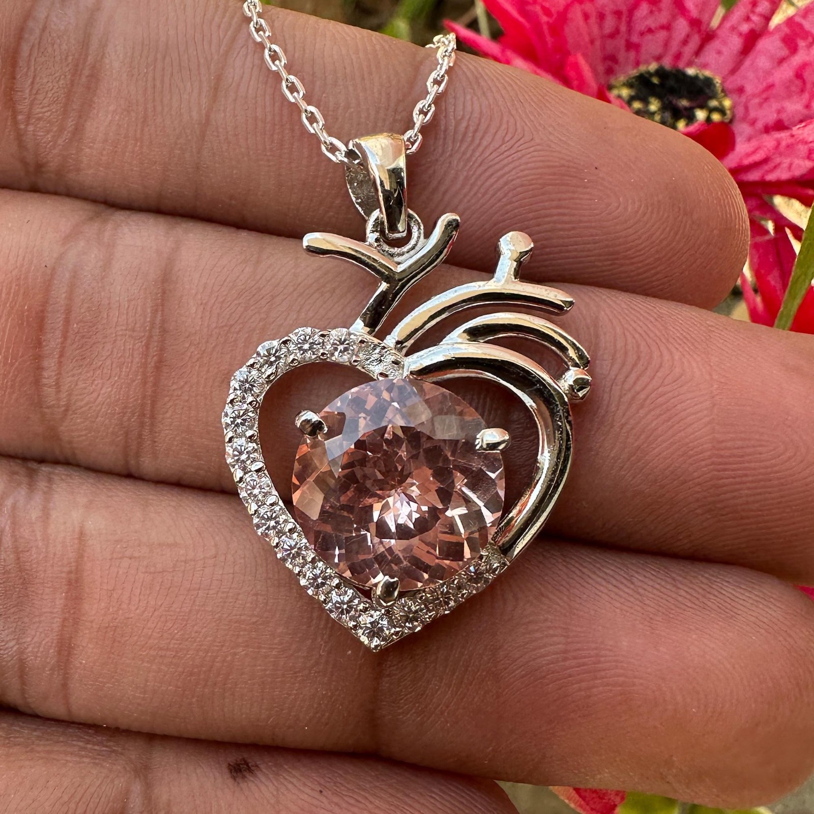 Certified Padparadscha Sapphire 30 Ct Heart Pendant Necklace 925 Sterling Silver